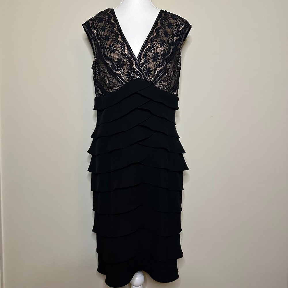 Jessica Howard Black Lace & Tiered Ruffle Dress – Size 12